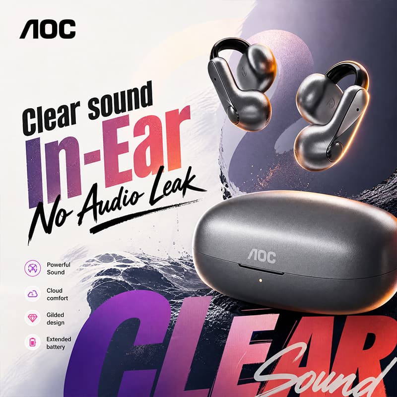 AOC ACD4614 Fones de ouvido abertos de clipe auricular sem fio, fones de conforto intra-auriculares, fones de ouvido com