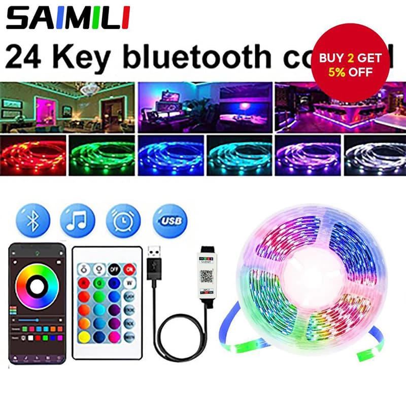 Fita de LED Inteligente SAIMILI 5 m Sincronização Musical 5V RGB com App e Controle Remoto para Decoração de Natal e