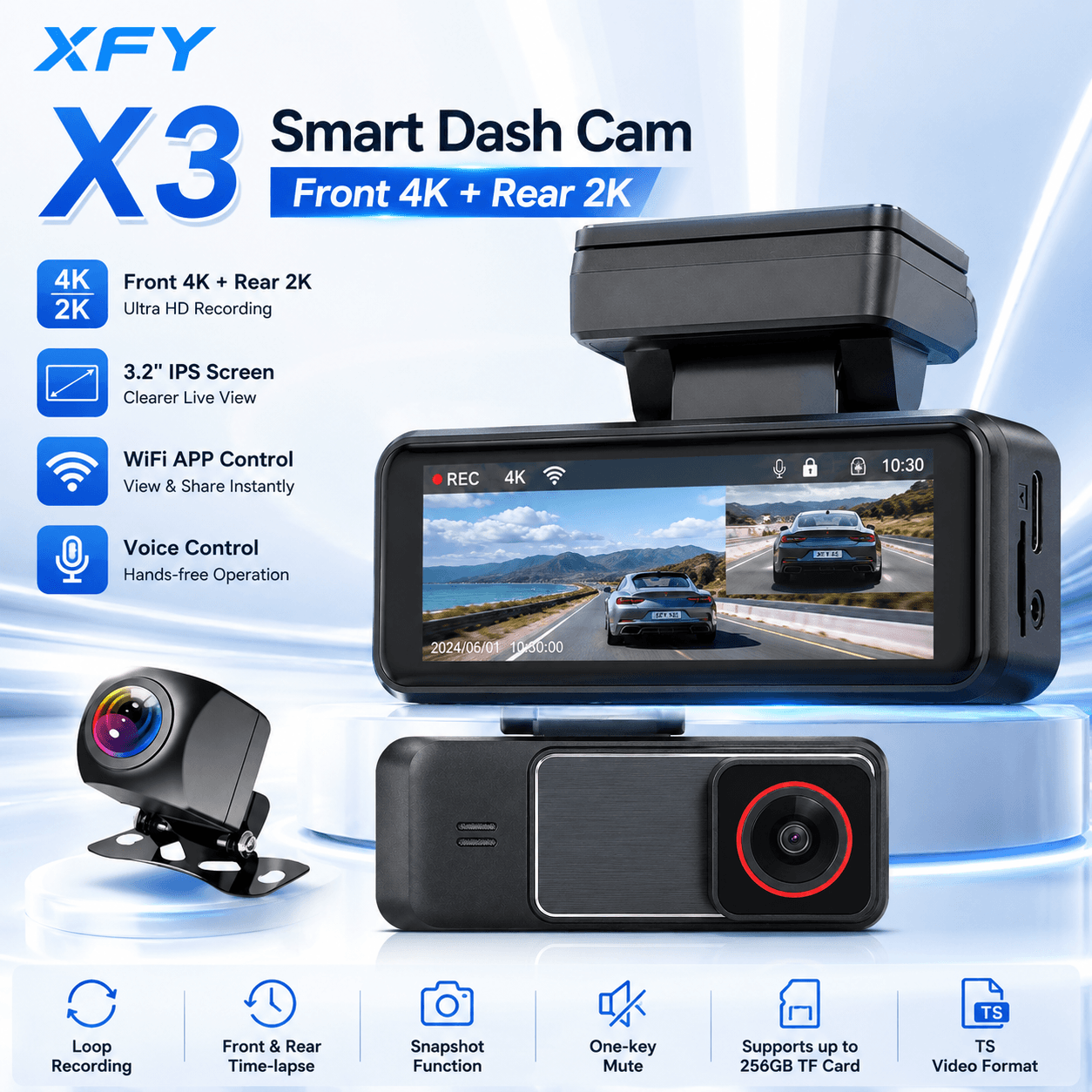 Xfy X3 Dash Cam 4k Frente 2k Traseira WIFI App Controle 3.2 Polegada Ips Tela De Voz Gravador De Câmera De Carro
