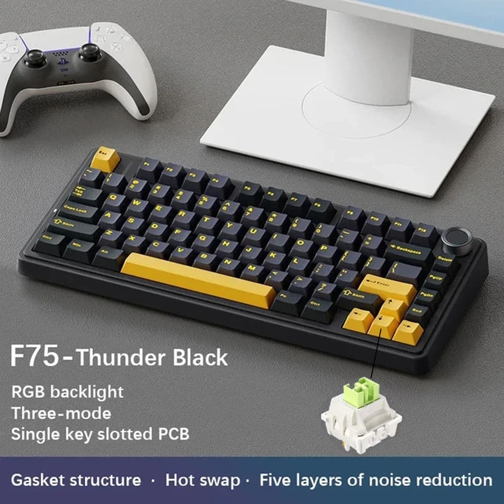 Teclado Mecânico Sem Fio 75%, AULA F75, Teclado Cremoso Substituível a Quente, Interruptores Greywood Pré-lubrificados,