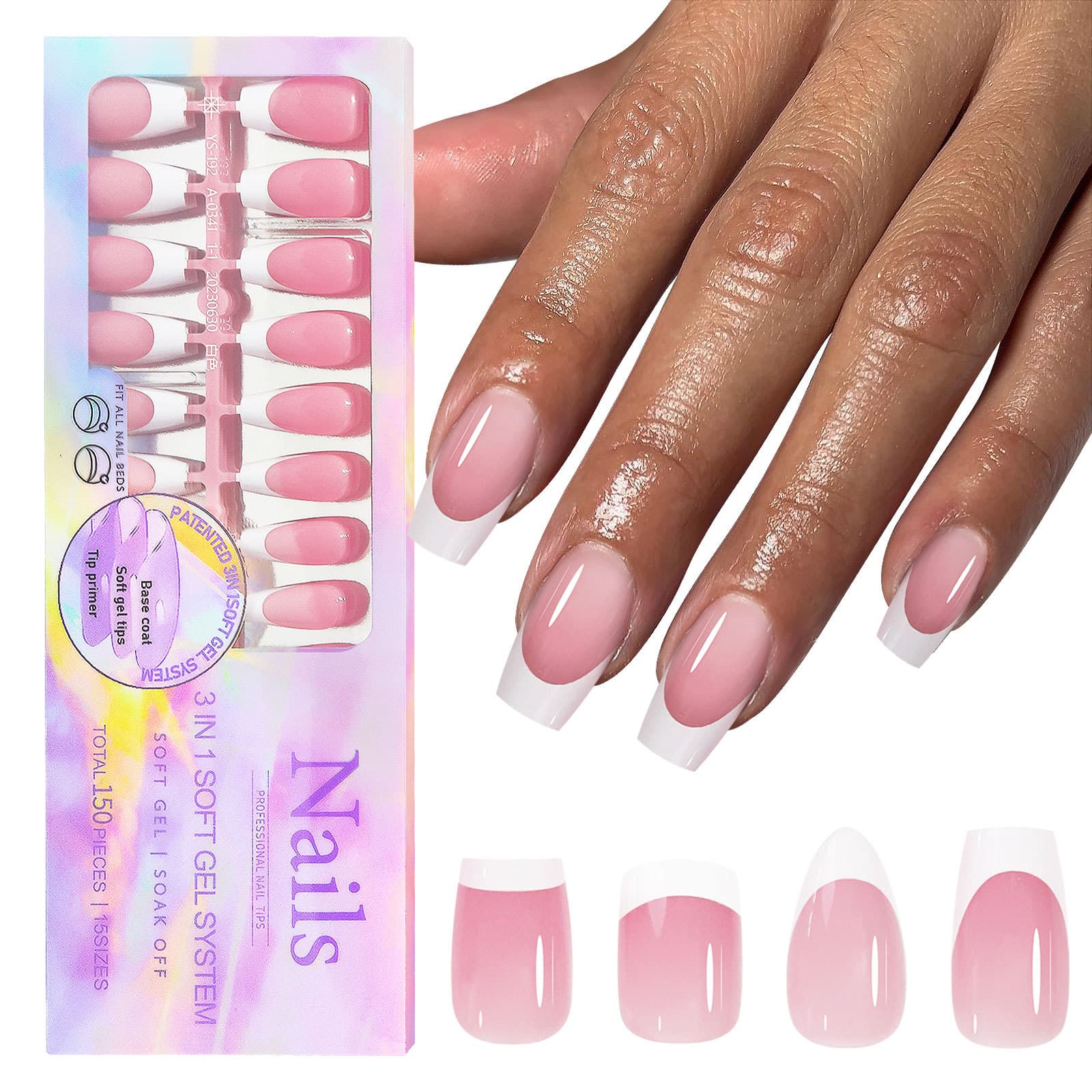 Prensa Francesa para Unhas, Pontas de Unhas Falsas Removíveis Sem Costura 150 unidades, Conjunto de Manicure DIY