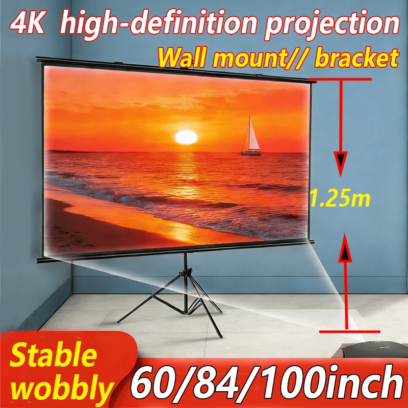 Tela de Projetor HD 4K, Tecido de Projeção Dedicado, Instalação Fácil, Dupla Finalidade, Para Projetor, 72 84 100