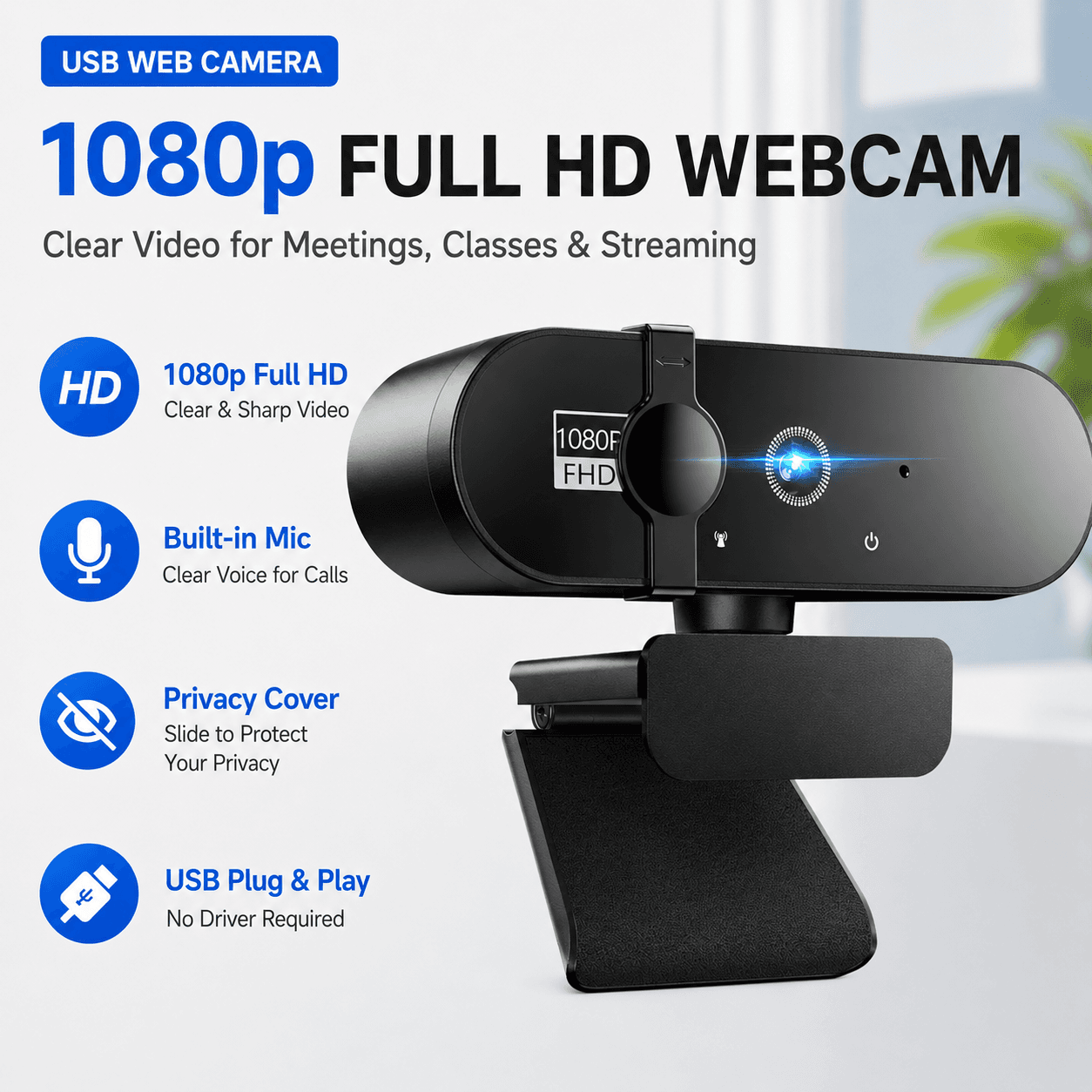Câmera Web 1080p Full HD JCL para PC e Laptop com Microfones Duplos, Câmera para Computador com Plug & Play USB 90° de