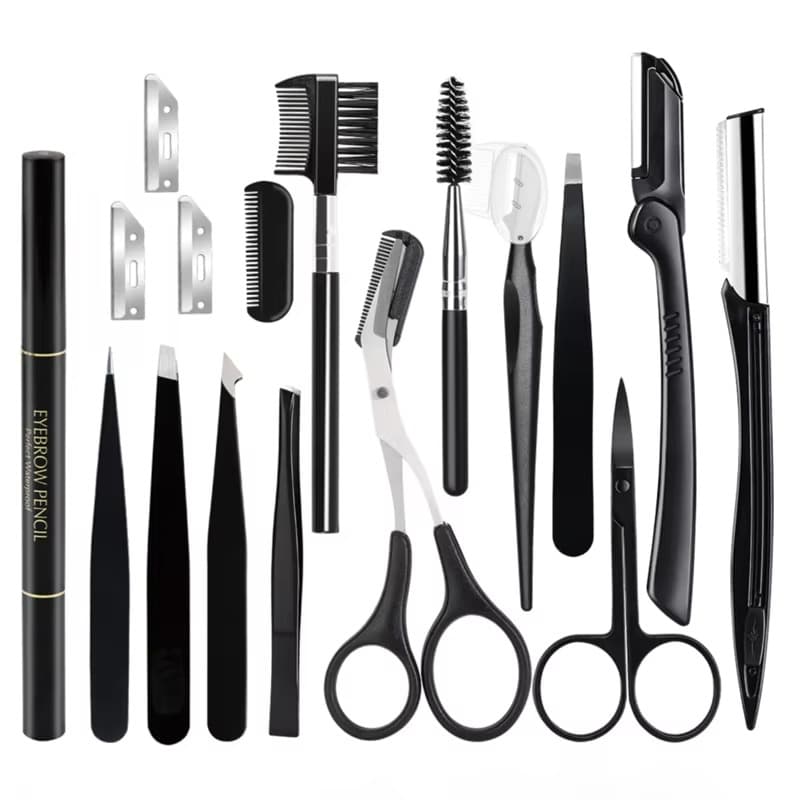 Kit de Maquiagem para Sobrancelhas 9-17 peças, Lâmina para Sobrancelhas, Pinça, Tesoura para Sobrancelhas, Pente e Clipe
