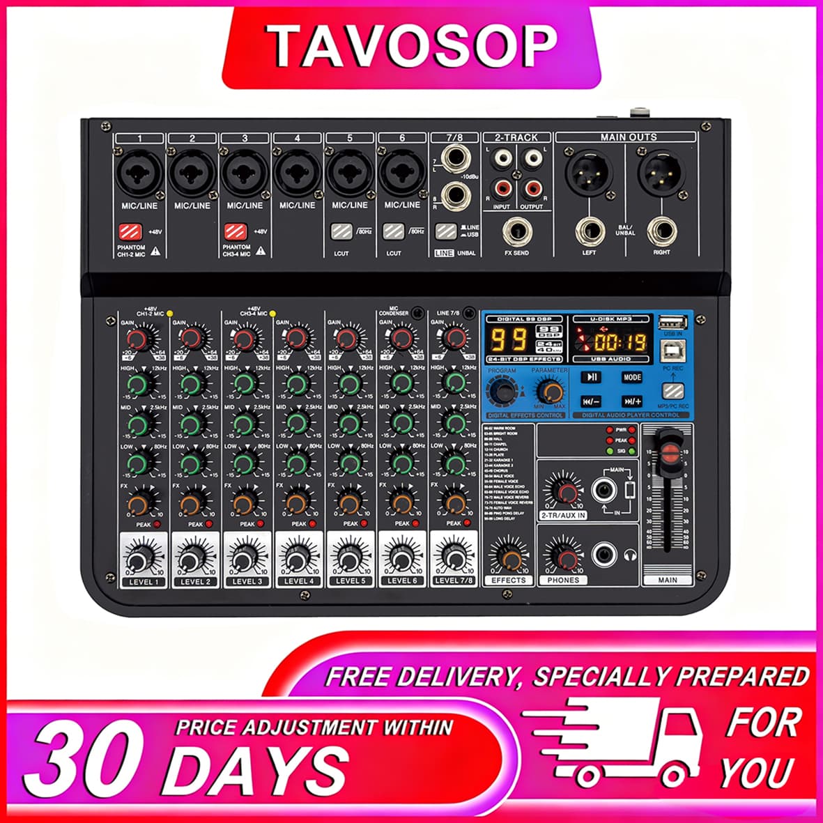 TAVOSOP Misturador de Áudio para Transmissão ao Vivo, 6 Canais, Interface USB, Entrada 3,5 mm, 99 Efeitos DSP, Placa de