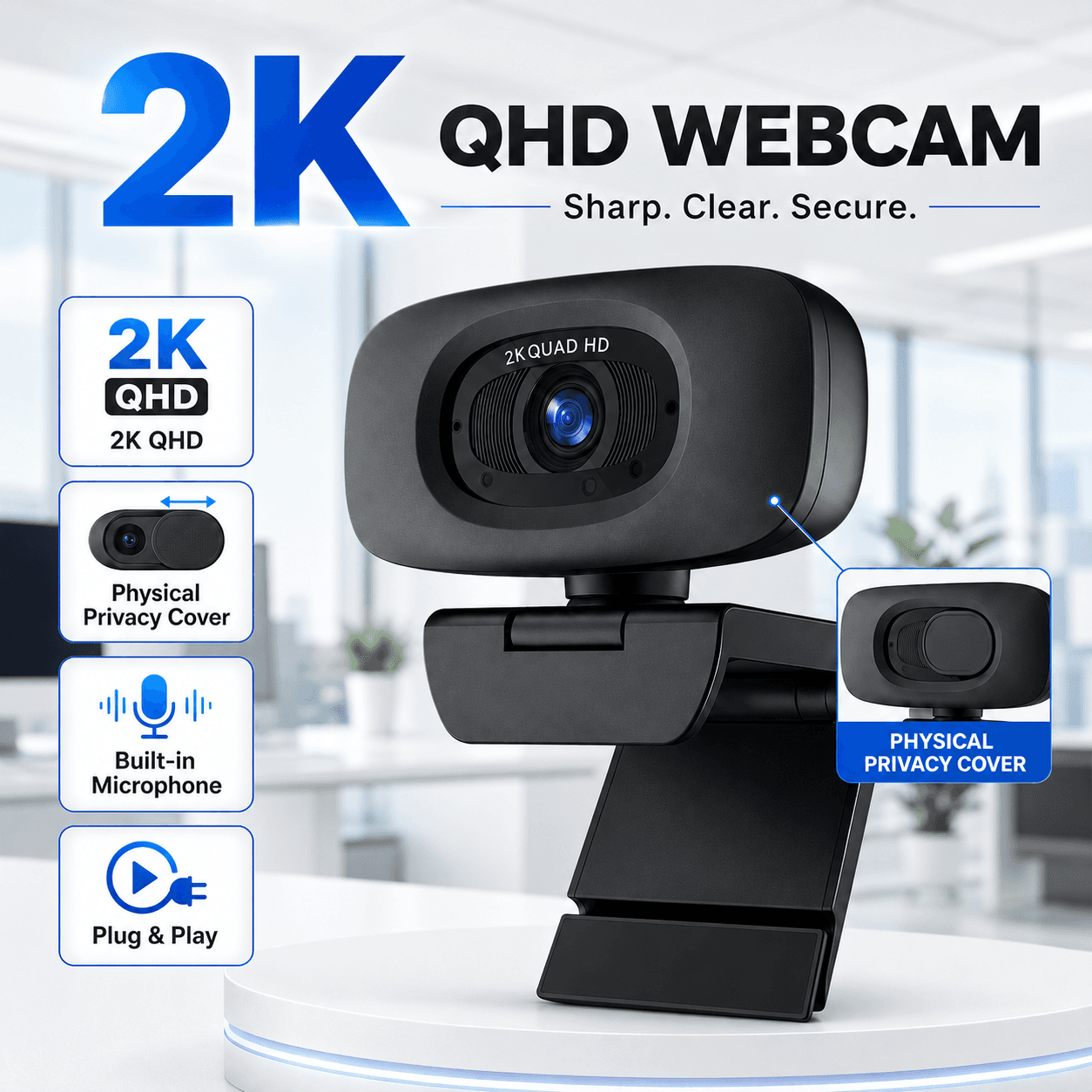 Webcam 2K Para PC Laptop , Câmera Web QHD Com Microfones De Redução De Ruído Plug & Play USB Reuniões Zoom , Streaming D