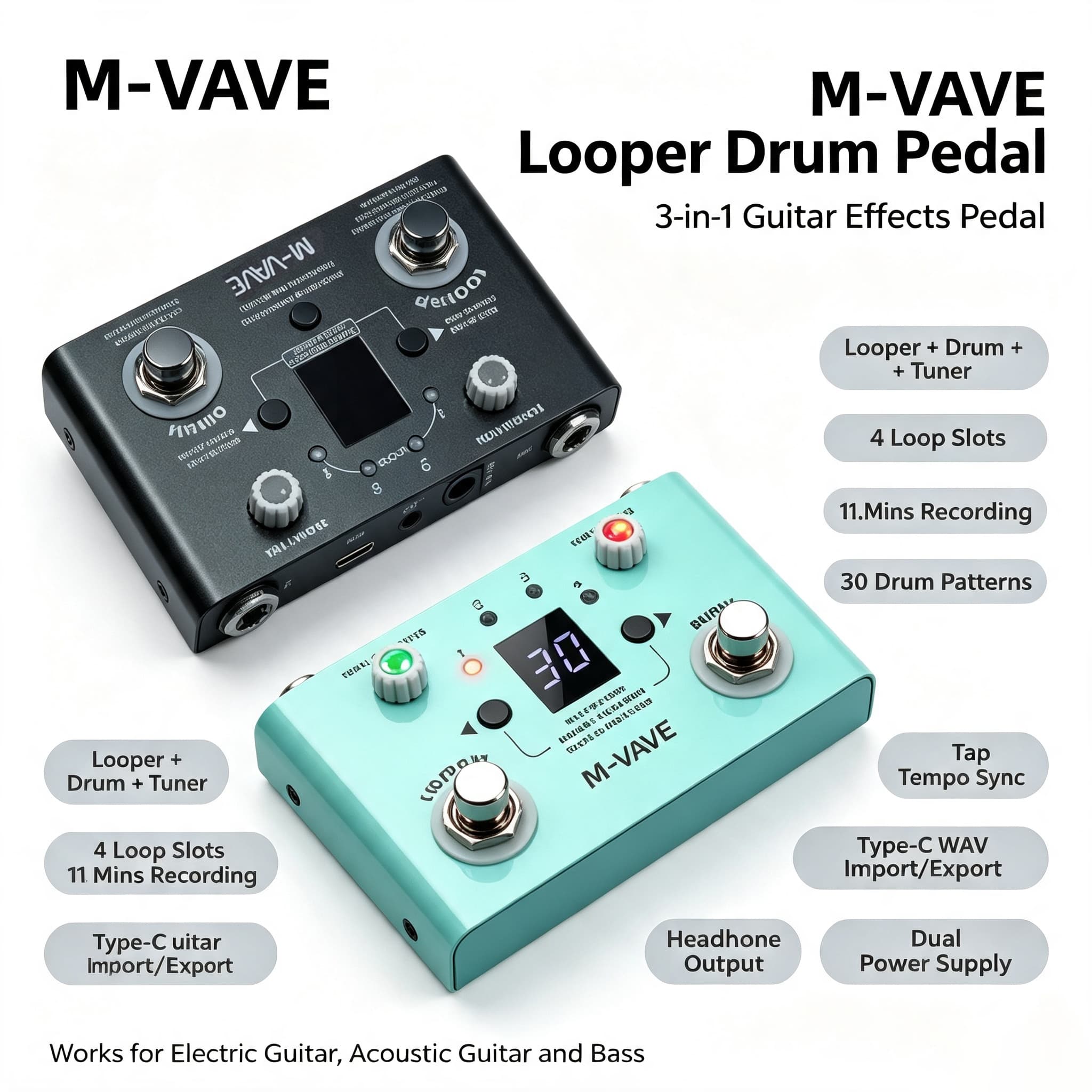 M-VAVE LOST TEMPO pedal de efeitos de guitarra loop station 3 em 1, bateria eletrônica integrada, afinador, 4 slots de