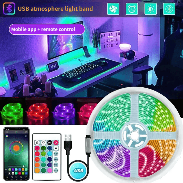 Fita LED RGB USB 5050/2835 com Controle Remoto – Ideal para Decoração de Interiores DIY