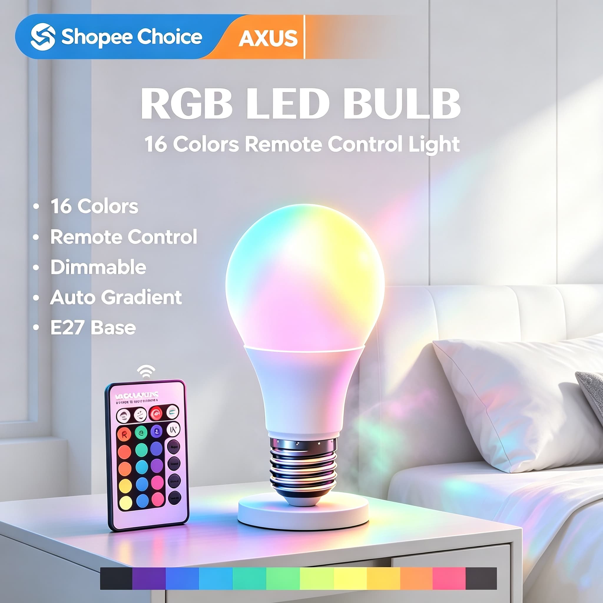 Lâmpada RGB Multicolorida AXUS A60 E27 220V 16 Cores, Dimerizável, Controle Remoto 24 Teclas, Lâmpada Inteligente para