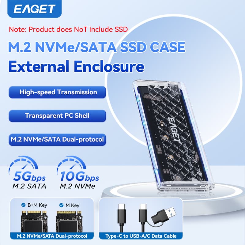 EAGET Gabinete de Disco Rígido Externo de Alta Velocidade 10Gbps USB3.2 Gen2 Transparente RGB para SSD M.2 NVMe/SATA