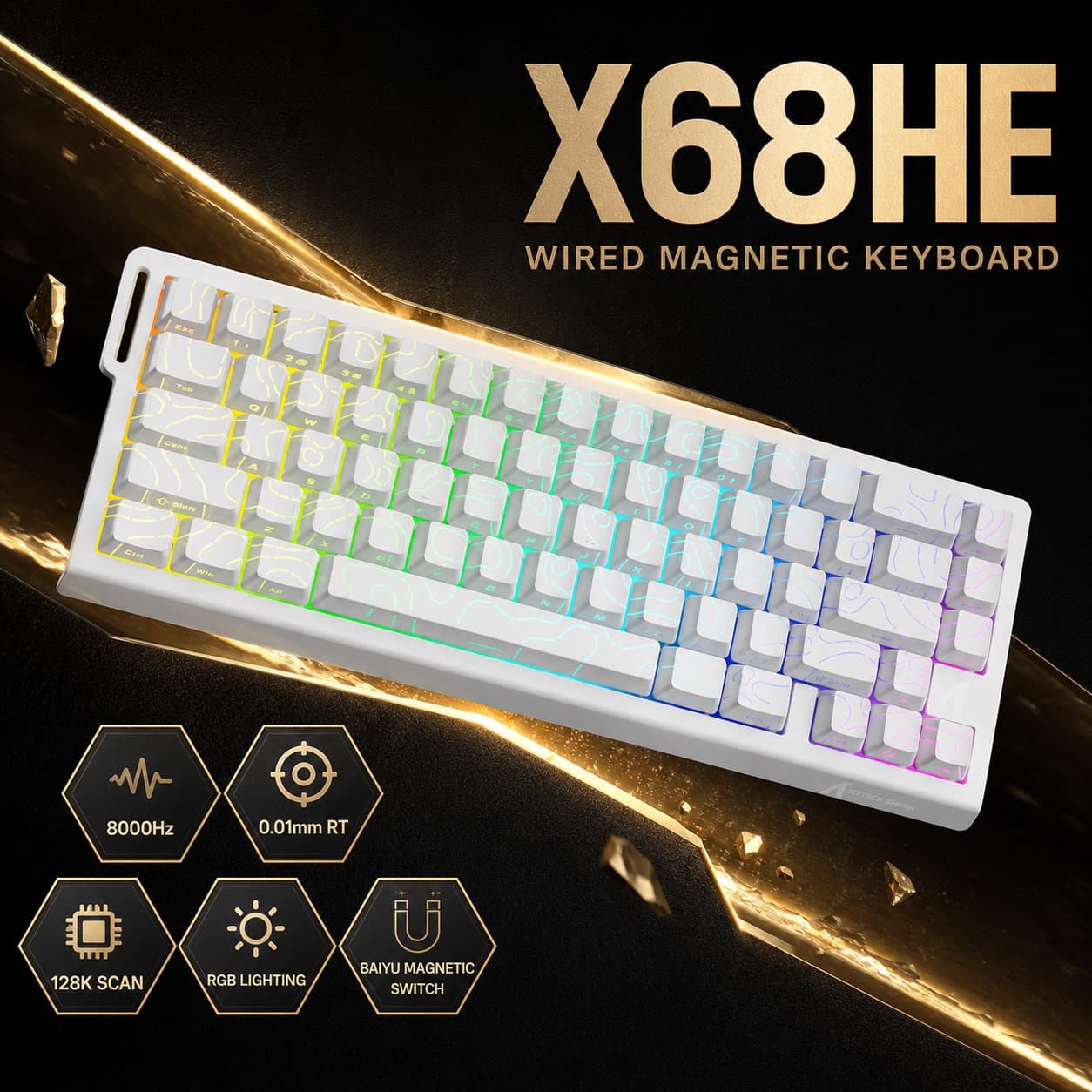 ATTACK SHARK X68HE teclado gamer mecânico, iluminação RGB 16M, taxa de leitura de 128K, teclado compacto 65%