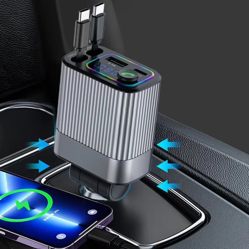 Carregador Veicular Retrátil 4 em 1, Multifuncional, Transmissor Bluetooth FM, Adaptador de Carregamento Rápido USB C PD