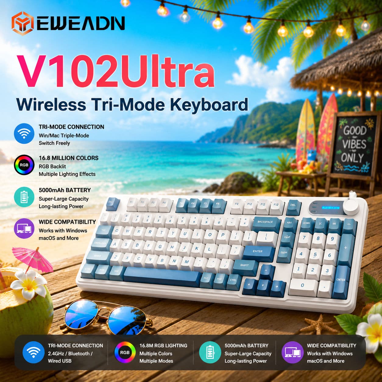EWEADN V102 Teclado Sem Fio Ultra Tri Modo, Membrana, Silencioso, Retroiluminação RGB, 99 Teclas, Teclado de Jogos para