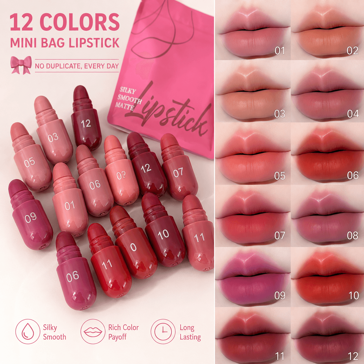 Conjunto de 12 Batons Mini Matte, Kit de Batom à Prova d'Água de Longa Duração, Suave e Sedoso, Gloss Labial Não Gruda