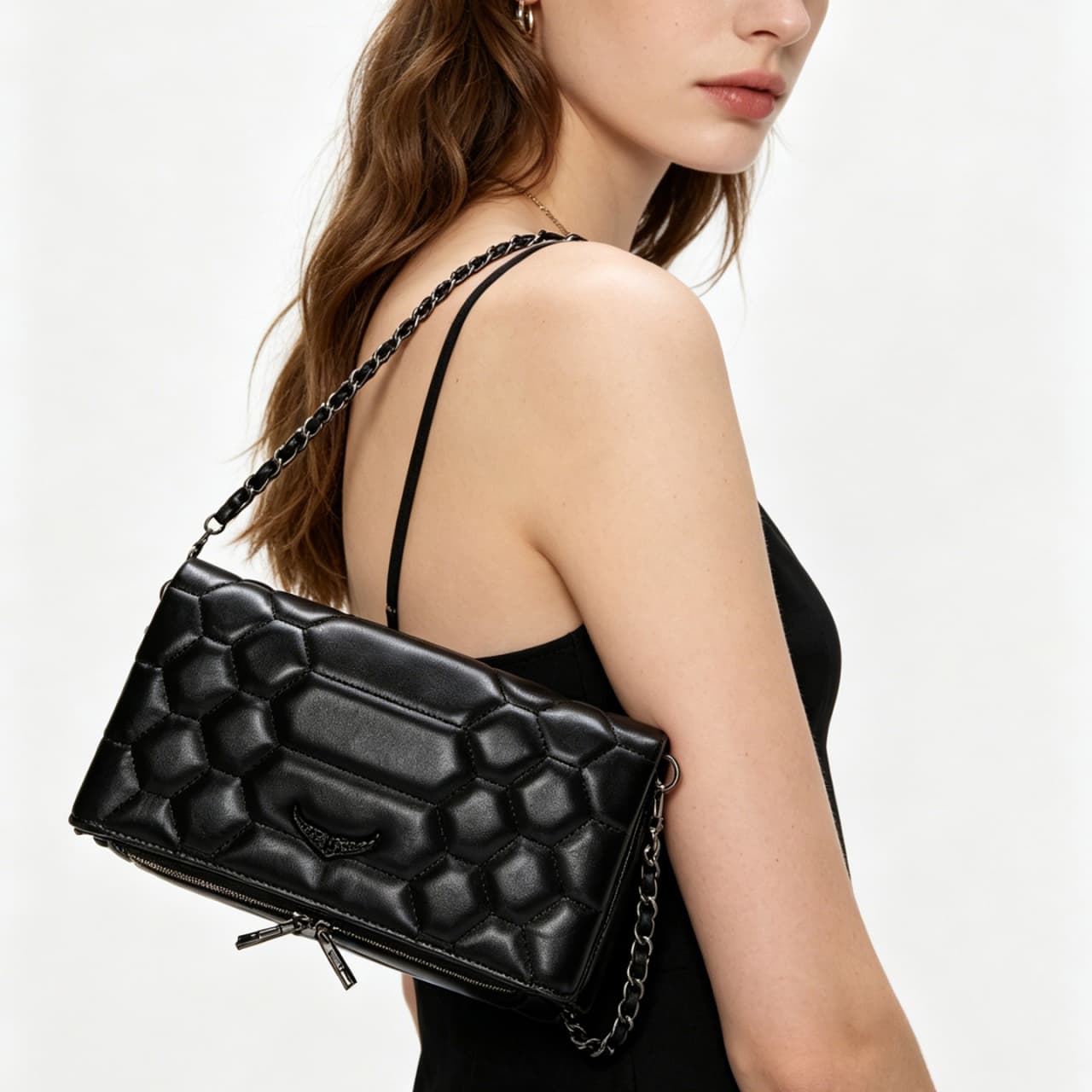 Bolsa feminina mini de ombro com asas da moda, bolsa tiracolo com corrente de linha bordada retrô, bolsa feminina de
