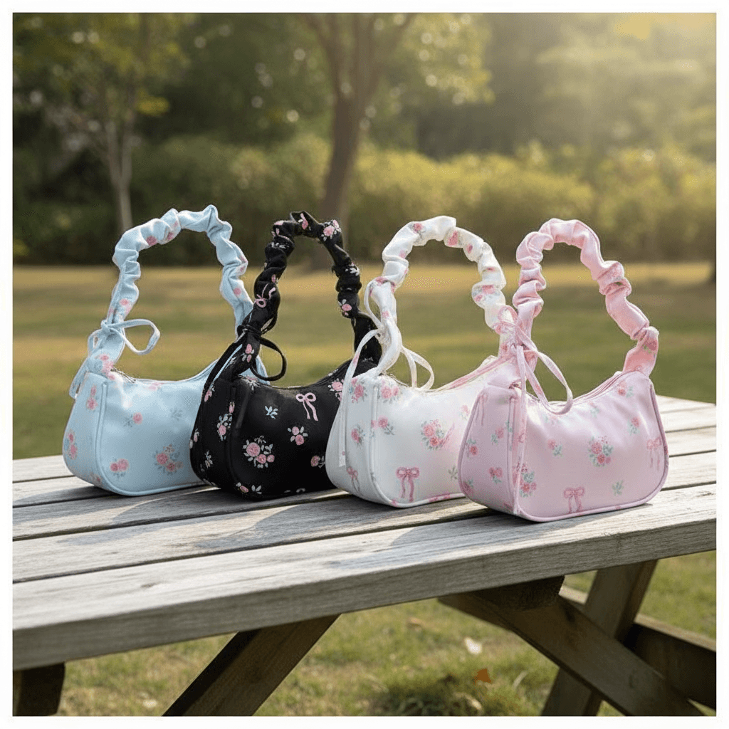 Lona Laço Floral Bolsa Tiracolo com Cordão Doce para Mulheres, Bolsa de Ombro Fofa e Estilosa Beg Perempuan