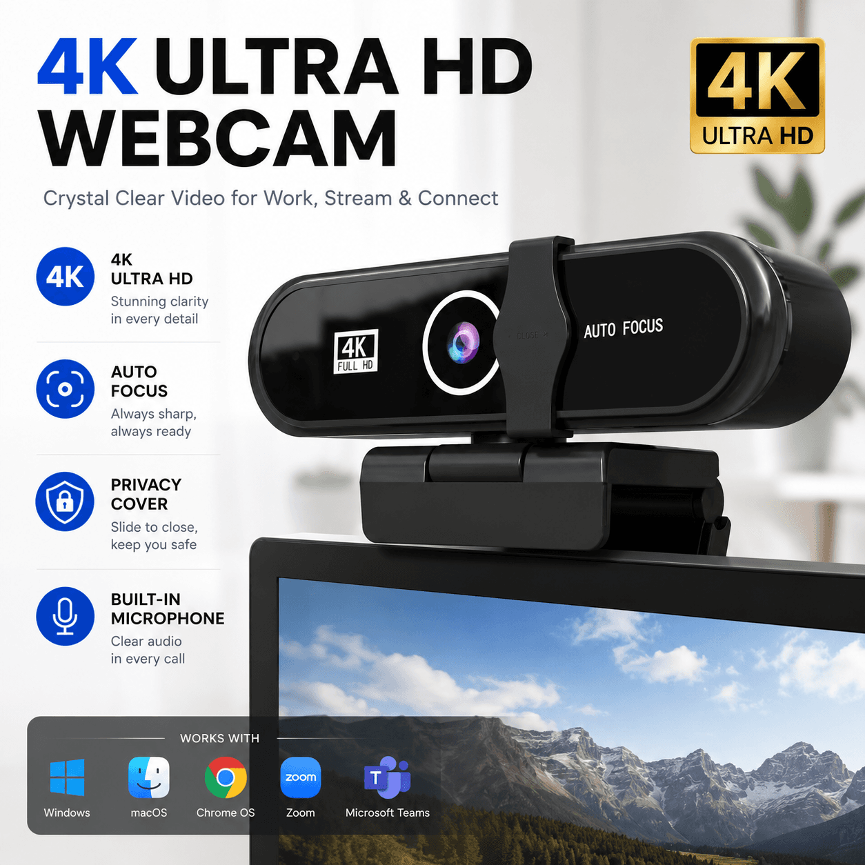 Webcam 4K para PC, Webcam USB com Microfone, Câmera de Computador com Foco Automático, Tampa de Privacidade, Plug & Play
