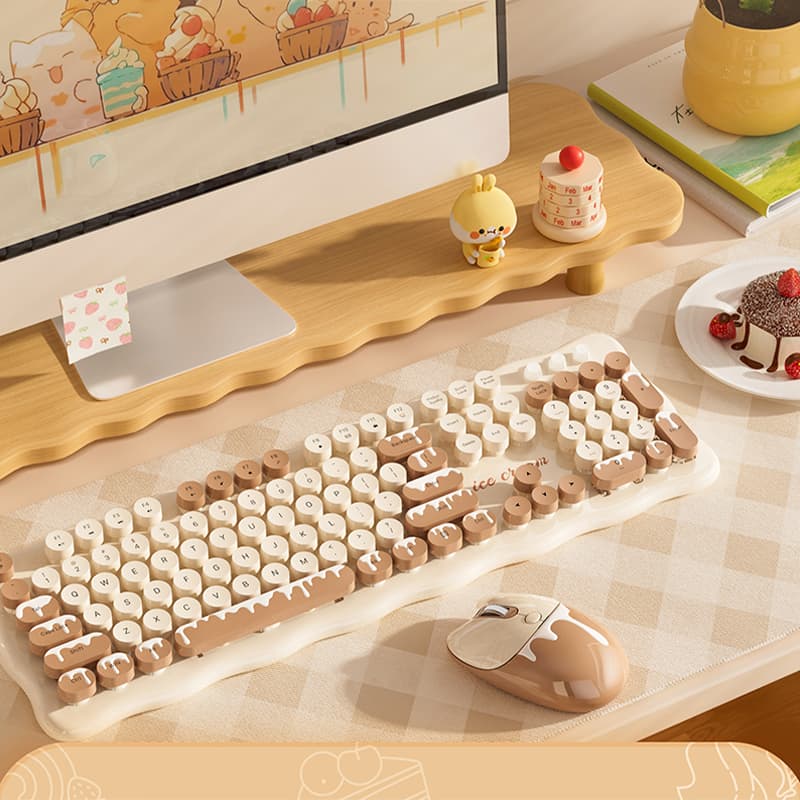 Conjunto de Teclado e Mouse Sem Fio MOFii Cream Ice Cream, Teclado Retro Estilo Máquina de Escrever Ondulado 2.4G,
