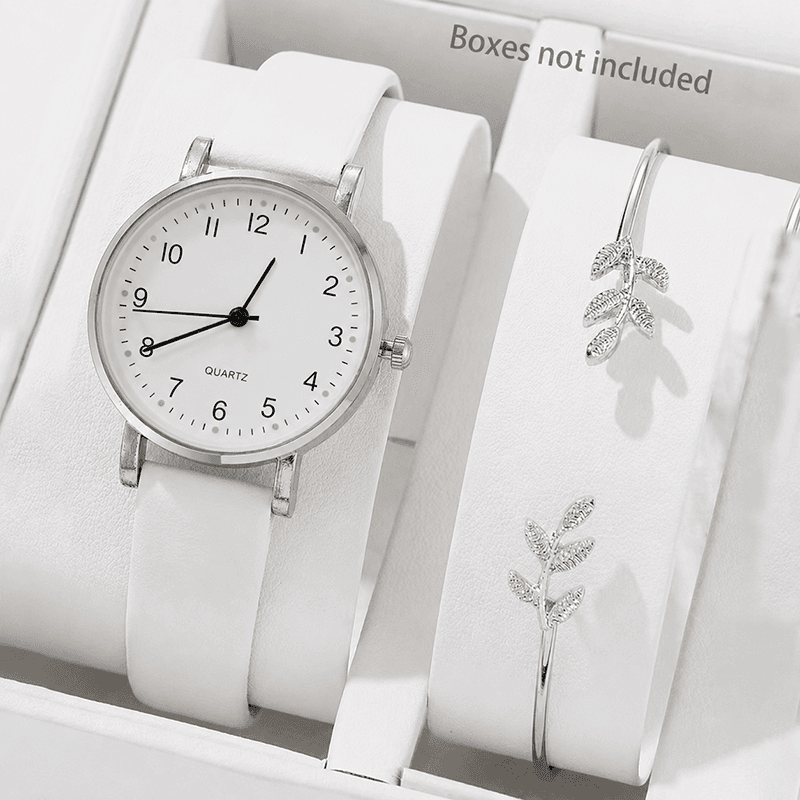 Conjunto De Relógio De Quartzo Feminino Elegante Pulseira De Couro Com Aço Inoxidável Para Uso Diário E De Férias