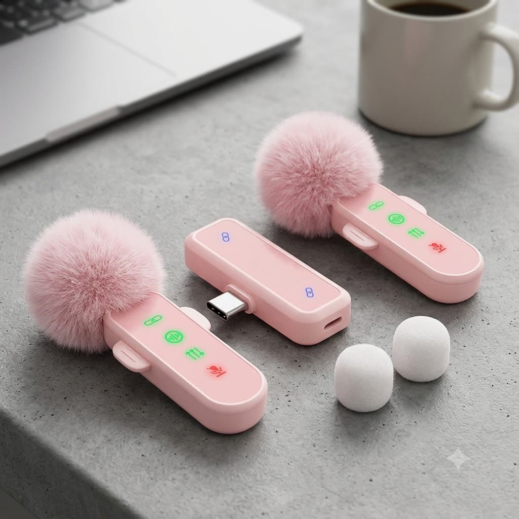 Microfone de lapela portátil rosa dupla sem fio, interface Tipo-C para Android, cancelamento de ruído, para transmissão