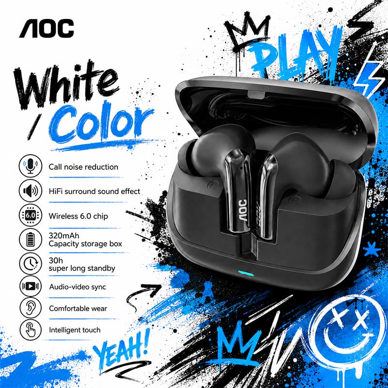 Fones de Ouvido Bluetooth AOC ACT4635 Fones de Ouvido com Cancelamento de Ruído Inteligente Som Panorâmico 4H Fones de