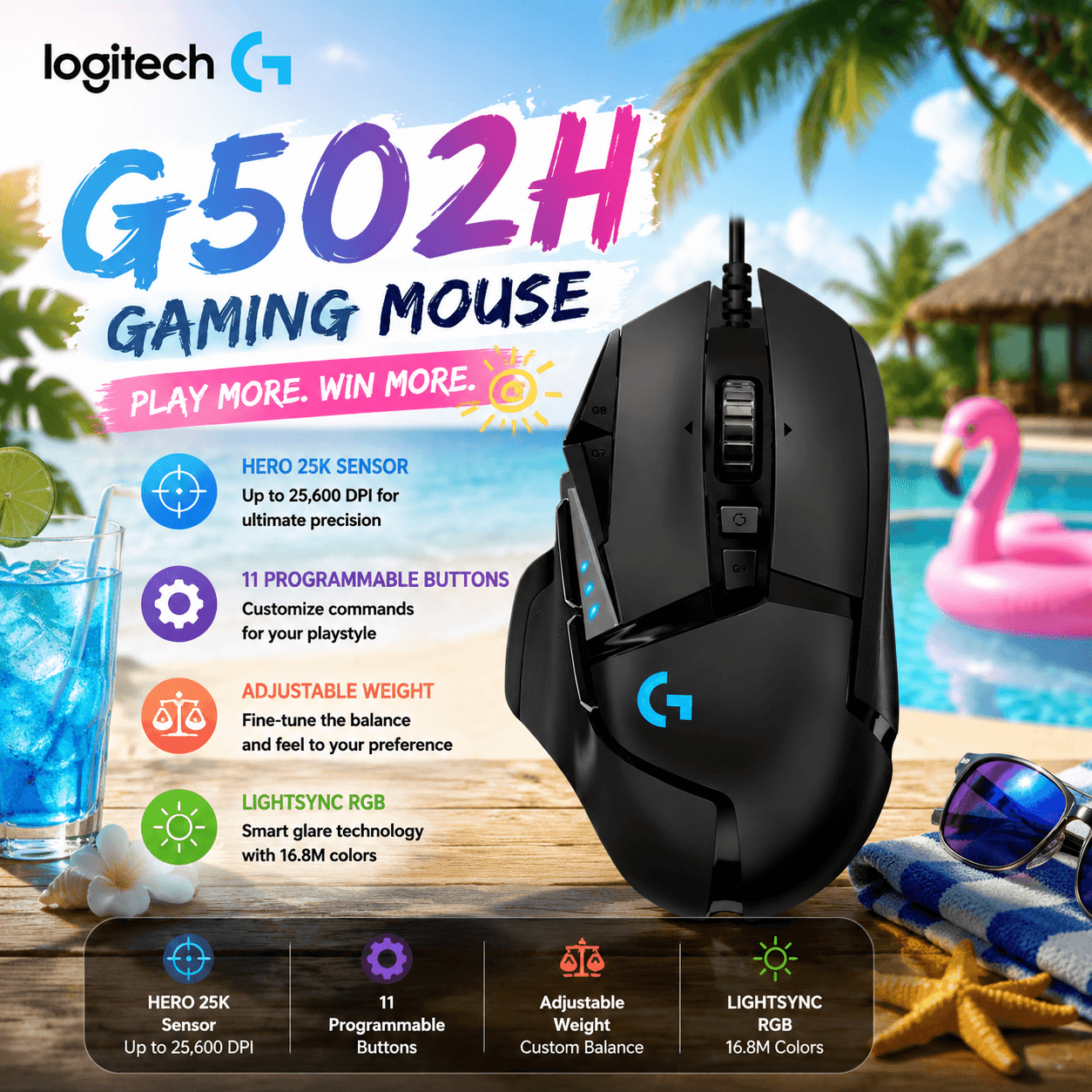 Mouse Gamer Logitech G502 HERO, Mouse com fio, sensor óptico de alta precisão, switches mecânicos, DPI ajustável, para