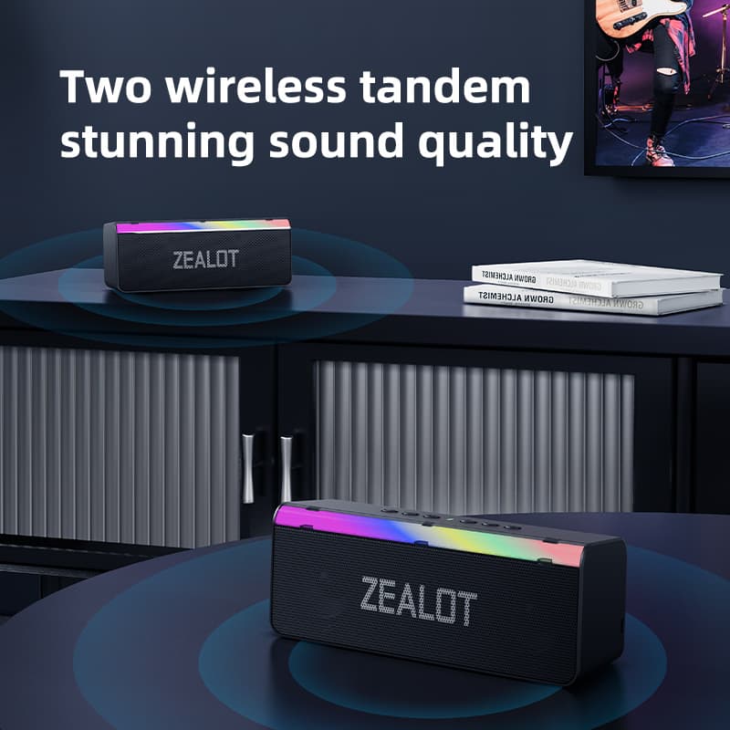Caixa de Som Bluetooth ZEALOT S72 com Luz RGB Dinâmica, 20W, Estéreo Rico, BT5.3, IPX4 à Prova d'Água, Bateria