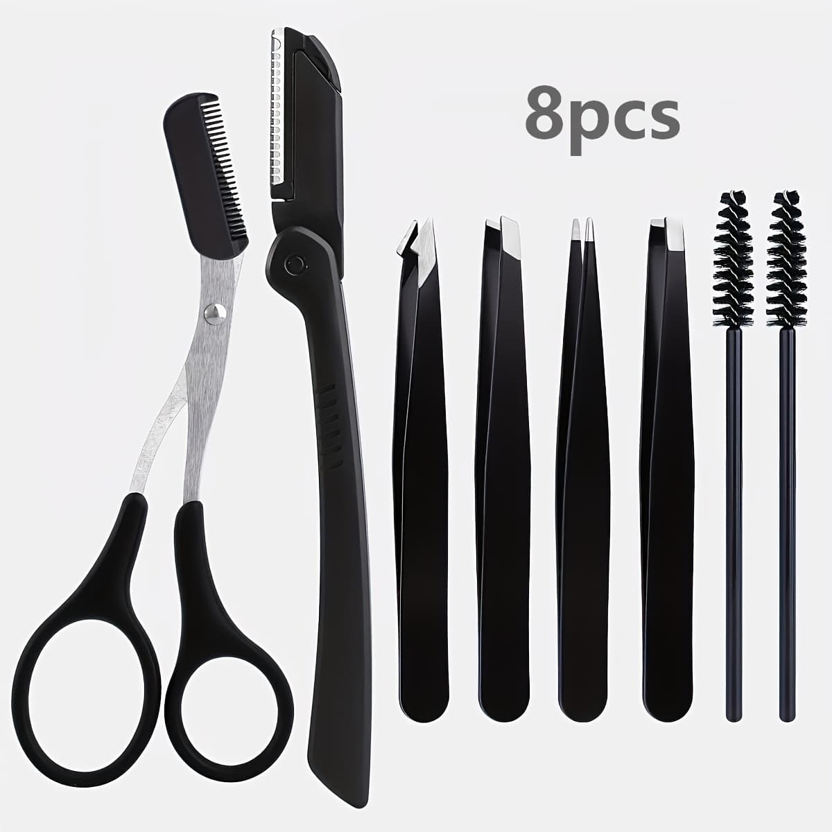 Kit De Preparação De Sobrancelha De Aço Inoxidável , 8 Peças , Conjunto Preto Portátil Com Escova , Navalhas , Pente , T