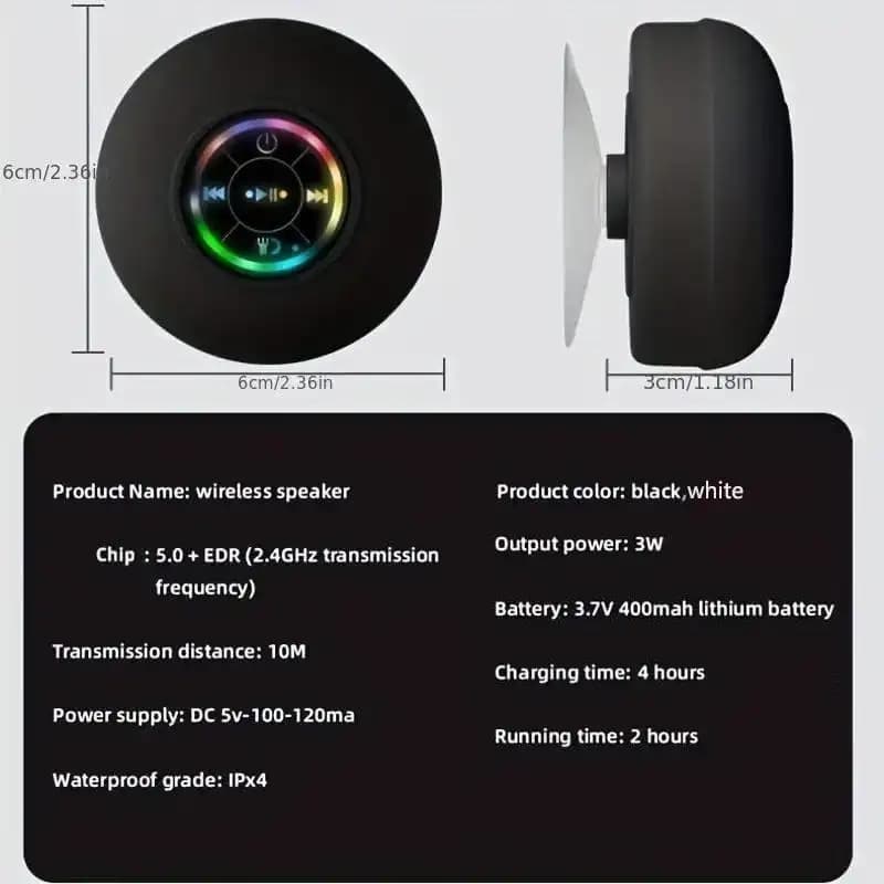 Caixa de Som Bluetooth Compacta com Luz LED e IPX4 à Prova d’Água, Estéreo Wireless, Viva-Voz, Recarga Micro USB, para