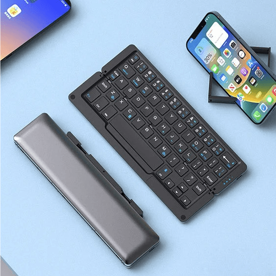 Teclado dobrável recarregável, portátil e compacto, teclado Bluetooth dobrável sem fio com suporte