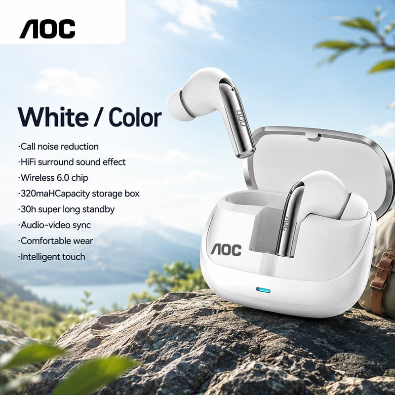 Fones de Ouvido AOC ACT4635 Sem Fio, Fones Espaciais de Áudio 30H em Espera, Antirruído, Conforto Ergonômico, Fones de