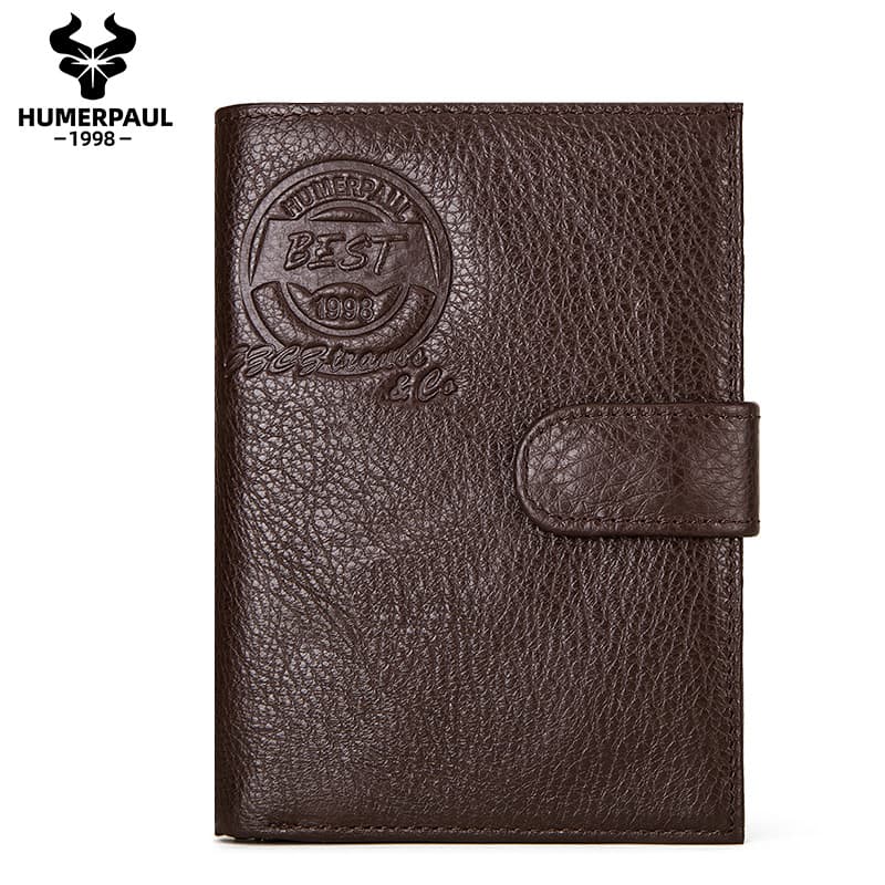 HUMERPAUL carteira de couro de vaca clássica masculina, porta-passaporte, vários compartimentos para cartões, bolso para