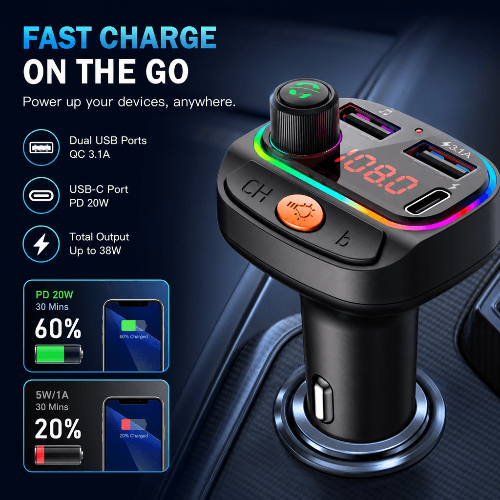 2026 Novo Transmissor FM Bluetooth 5.3 Carregador Veicular USB Tipo C Adaptador de Carregamento Rápido PD Para Huawei