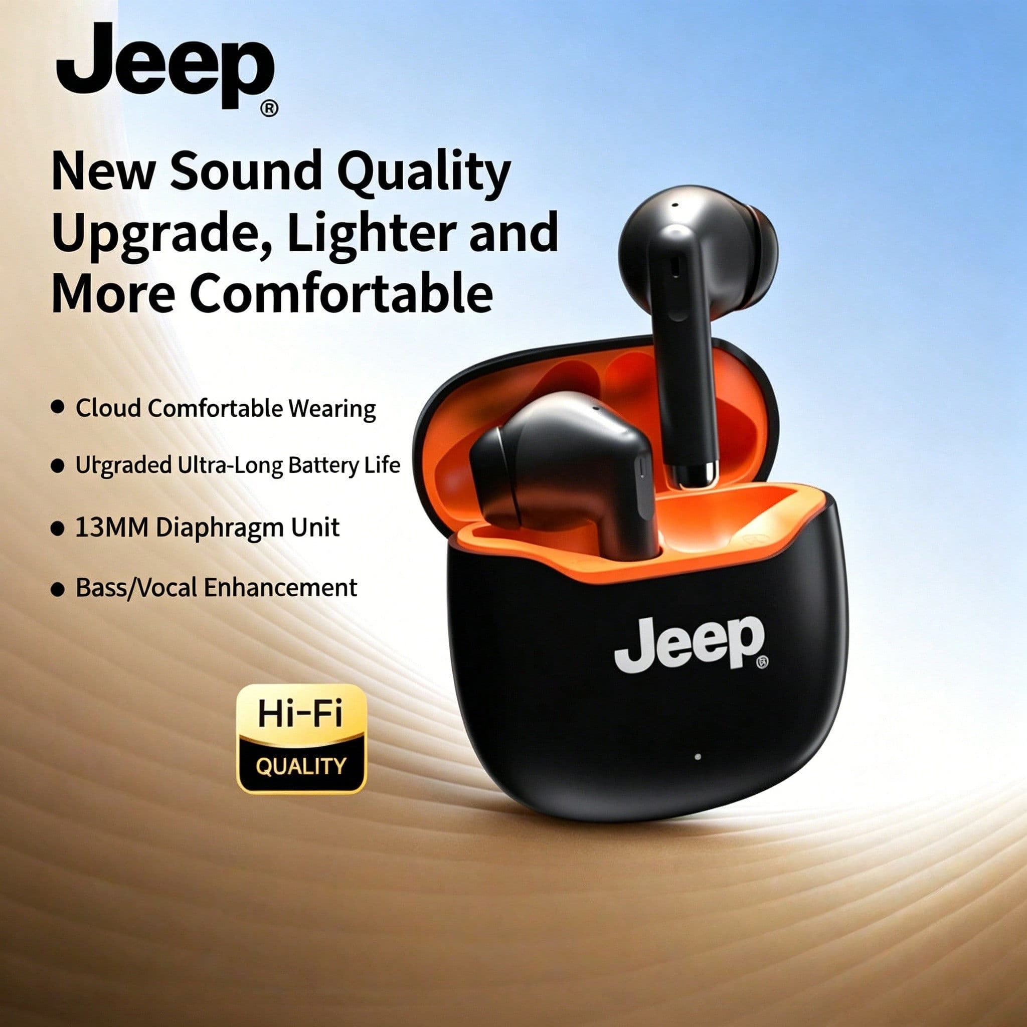 Fones de ouvido Jeep EW138, fones de ouvido sem fio TWS, fones de ouvido, membrana de 13 mm, som HiFi, reprodução