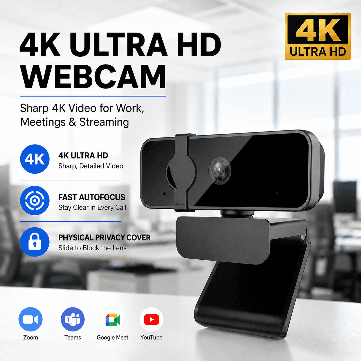 Webcam 4K, Webcam USB para PC, notebook e computador, com câmera com foco automático, microfone integrado, tampa de