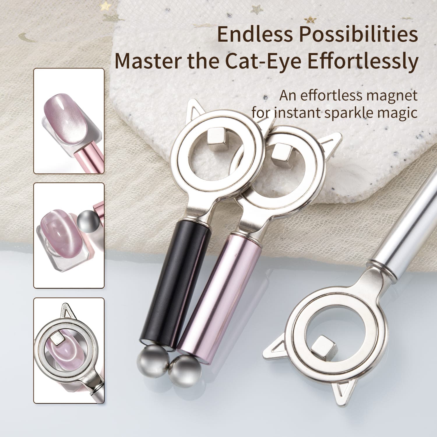 Anel oco de orelha de gato com duas pontas, ferramenta magnética forte para unhas, varinha de arte para esmalte de olho