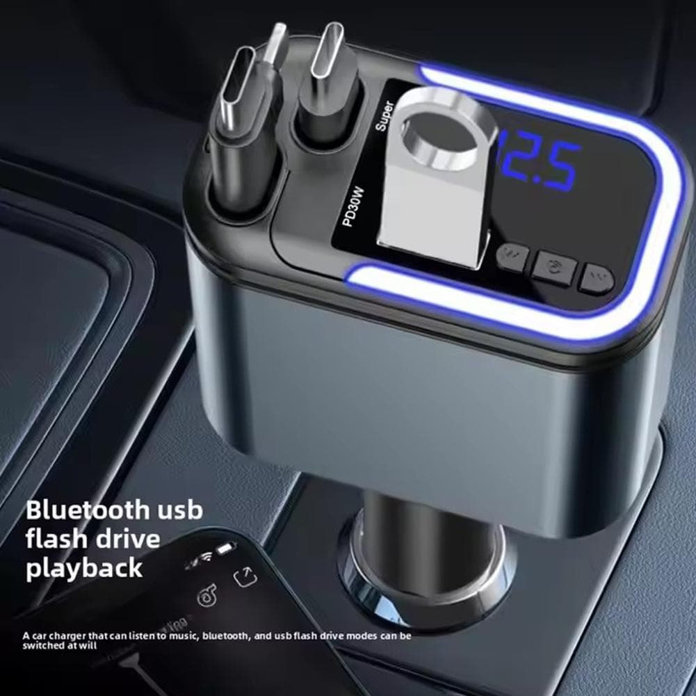 2026 Novo Cabo Retrátil 5 Em 1 Carregador De Carro Adaptador De Carregamento Rápido Do Telefone Modulador Bluetooth