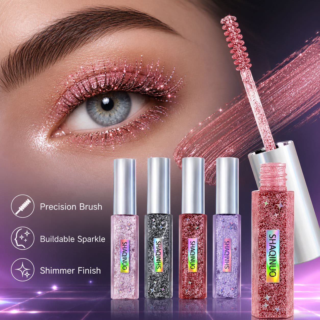 Shaqinuo Máscara de Glitter e Brilho Diamante, Máscara de Cílios Longa Duração, Maquiagem para Cílios com Efeito
