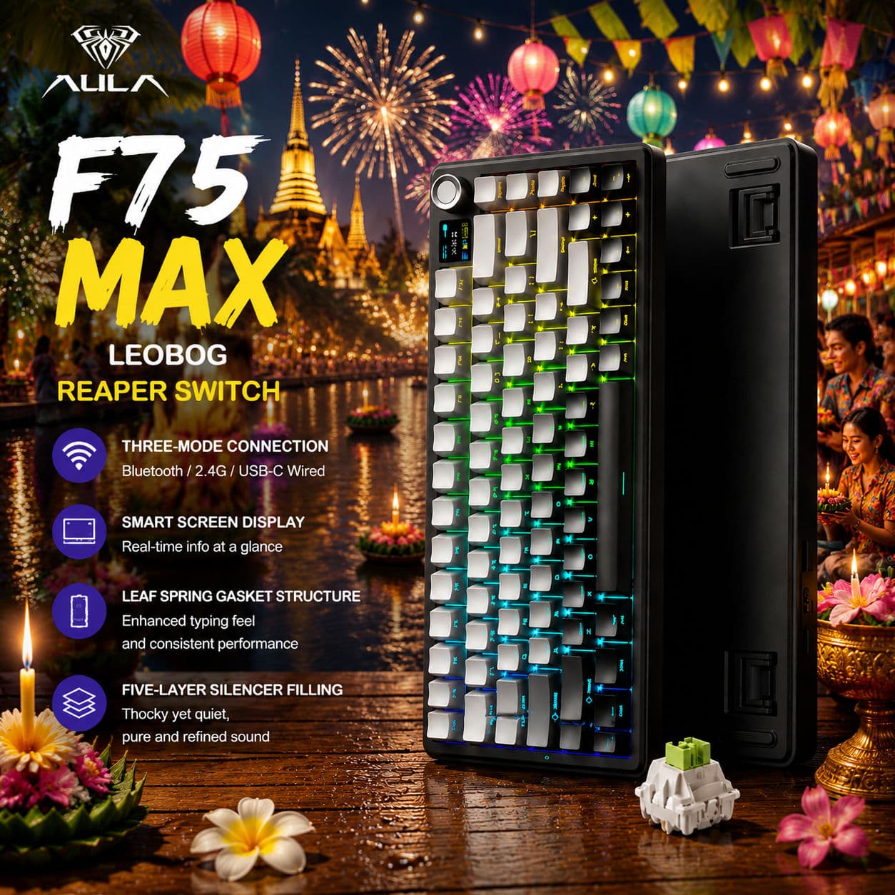Teclado Mecânico Sem Fio Aula F75 MAX - Teclado Gamer RGB, Interruptores Substituíveis a Quente, Layout 75%, Compacto,