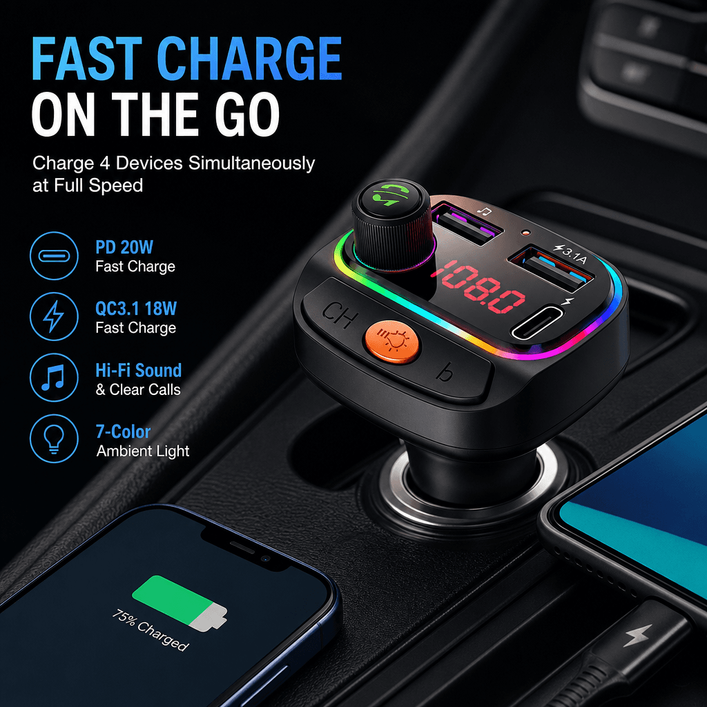 BLUETOOTH 5.0 Transmissor Fm Para Carro Carregador USB Pd Carregamento Rápido RGB Luz Colorida