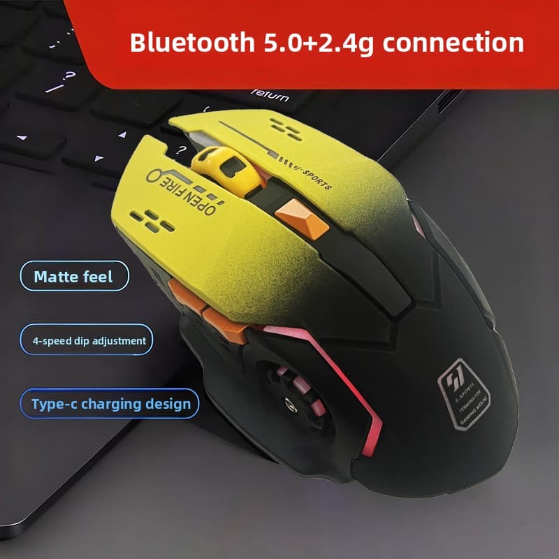 Mouse gamer sem fio dual-mode amarelo e preto, modo duplo Bluetooth + 2.4G, mouse recarregável com conector tipo C,