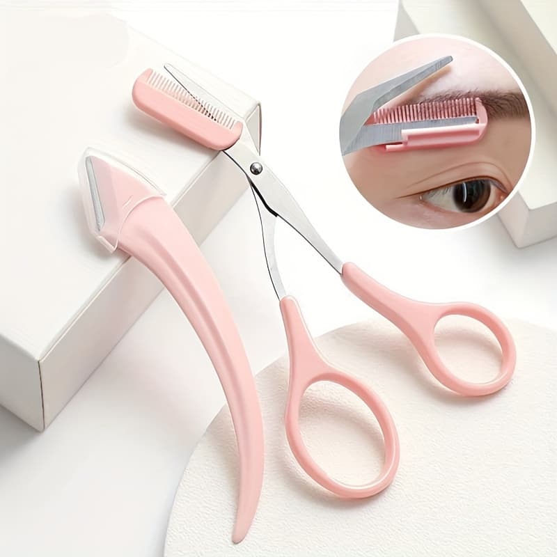 Conjunto De Tesoura E Navalha De Sobrancelha , 2 Peças Com Pente , Ferramenta Afiada Segura Para Aparar Pelos Faciais Mu