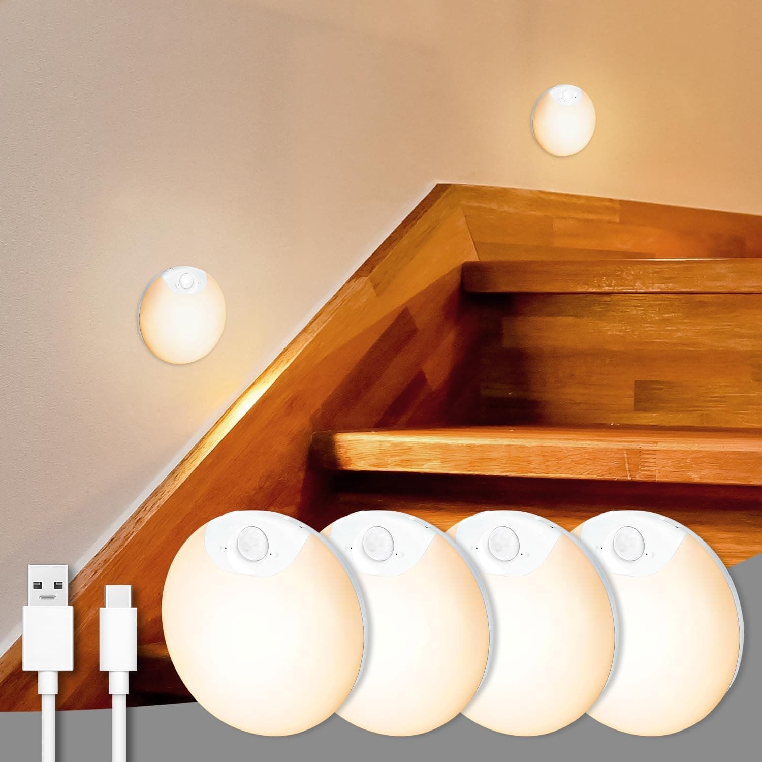 Luzes noturnas LED USB com interruptor, luz sensor de movimento recarregável, lâmpada sensor para cozinha, guarda-roupa,