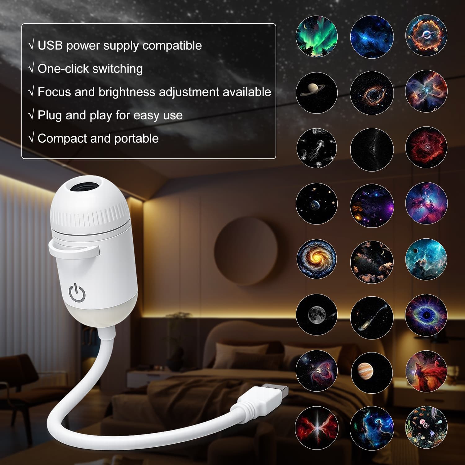 Salange Saturn Galaxy Projetor LED Starry Sky Night Light Alimentado Por USB Projeção De Teto Lâmpada De Dormir Para De