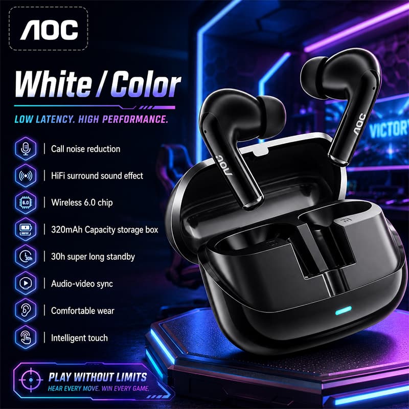 AOC ACT4635 Fones de Ouvido Bluetooth, Fones sem Fio, Ultra Fones de Ouvido, Baixa Latência, Som 3D Surround, Fones
