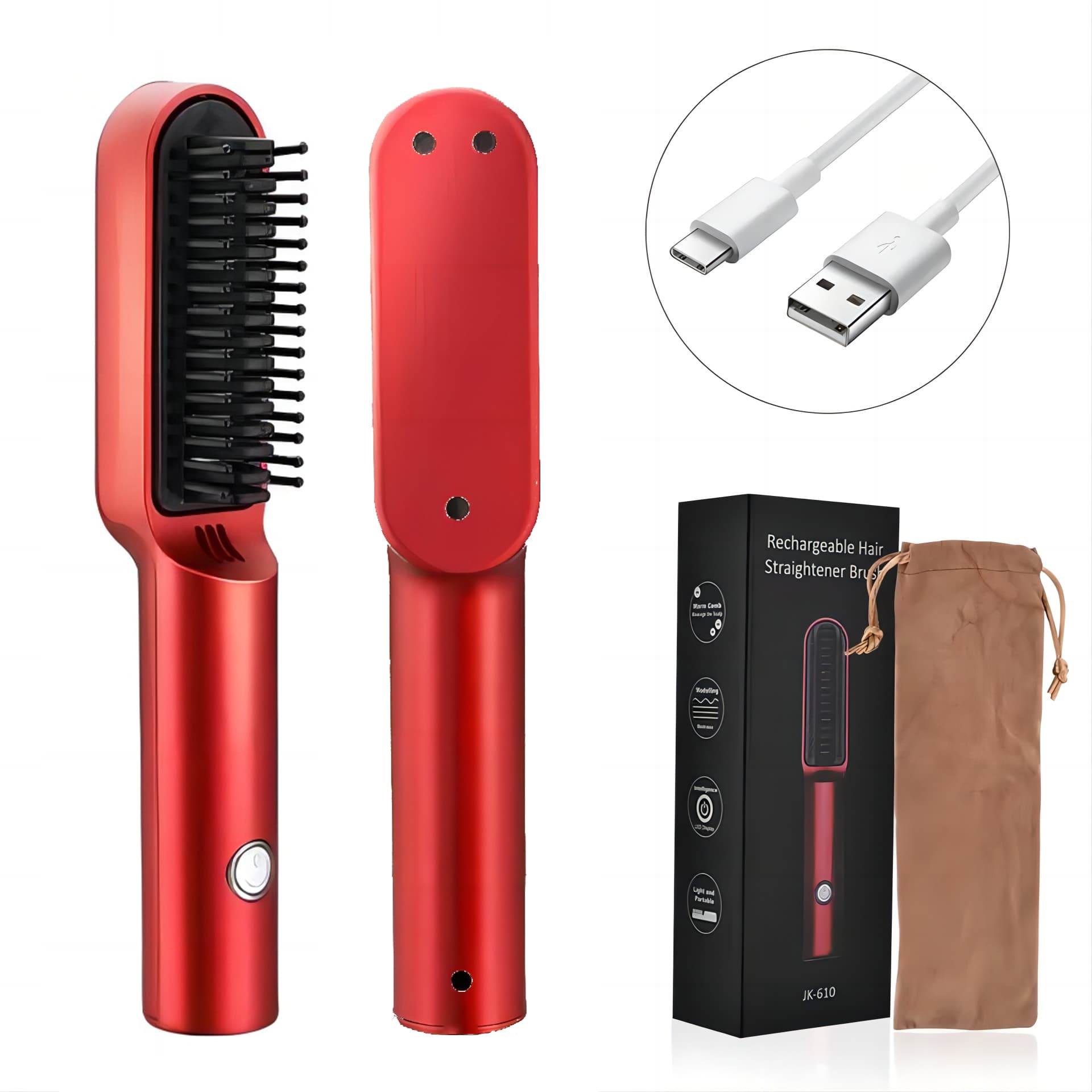 Alisador De Escova Quente Recarregável USB Sem Fio , Pente Portátil Para Modelagem De Cabelo E Barba