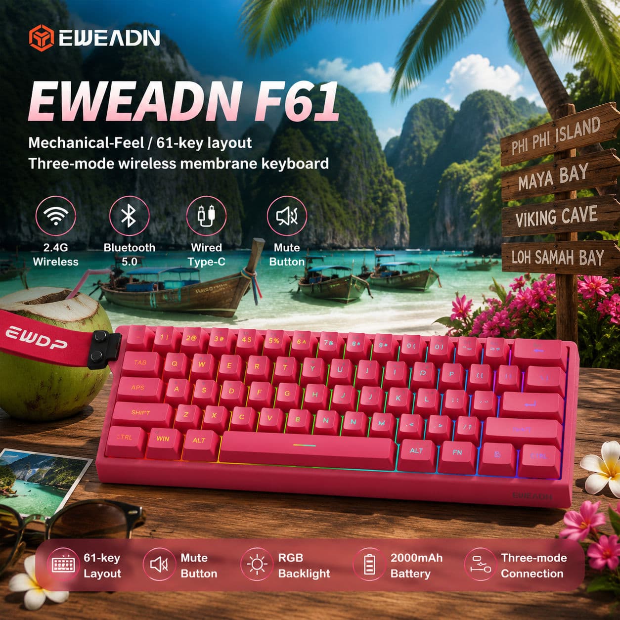 Teclado Gamer EWEADN F61 Tri-Modo Sem Fio RGB Retroiluminado Bluetooth Portátil Mini Teclado Para PC e Laptop