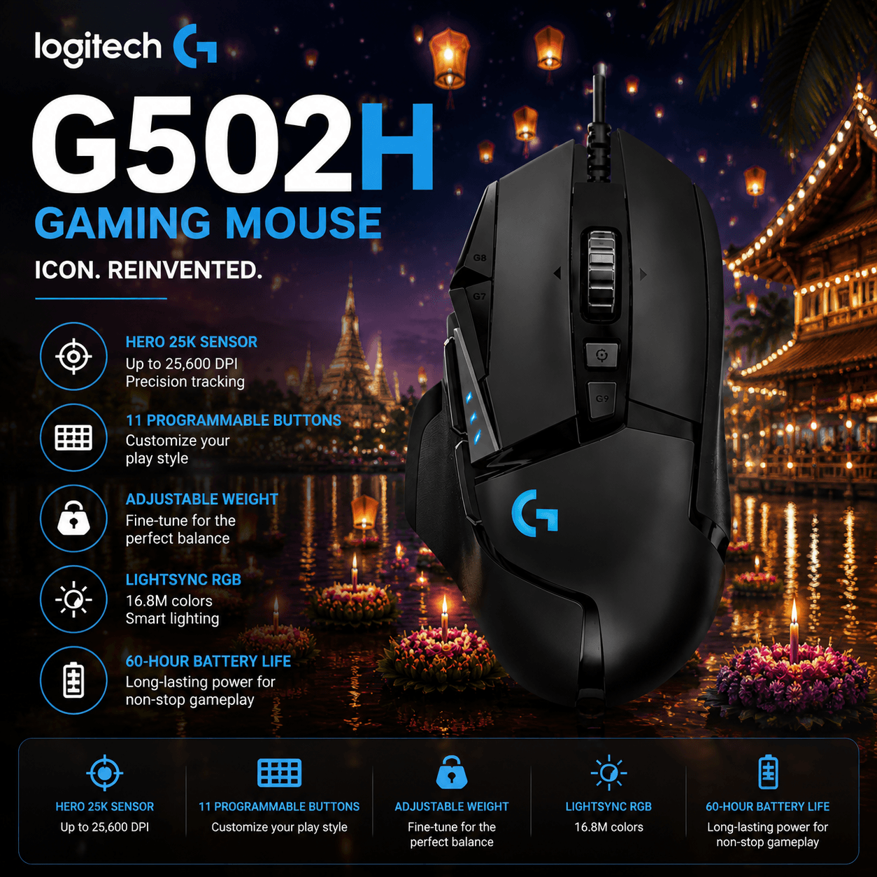 Logitech G502 HERO Mouse Gamer com fio, para PC, sensor de precisão, botões programáveis RGB, mouse ergonômico Logitech
