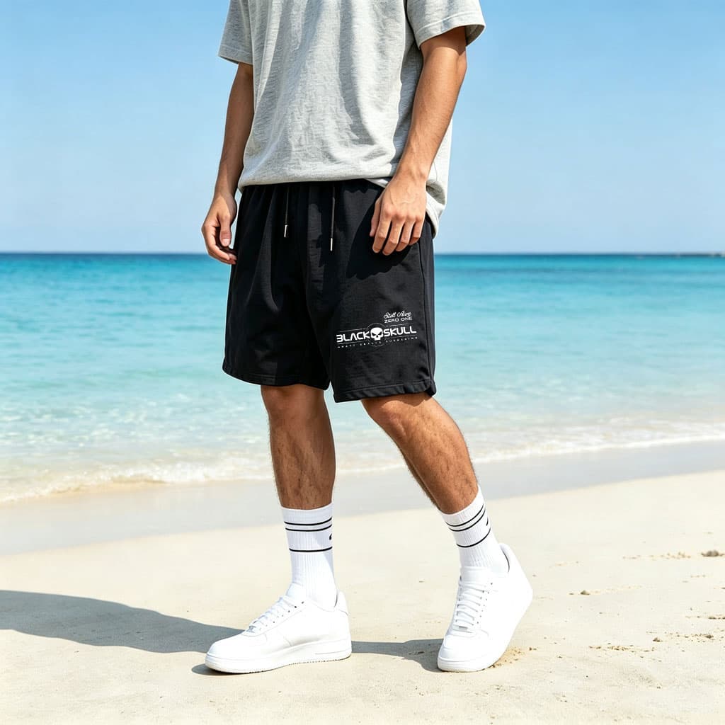 Conjunto de Praia Masculino, Shorts Masculinos, Shorts de Academia Masculino, Estampa de Caveira Preta na Coxa, Casual