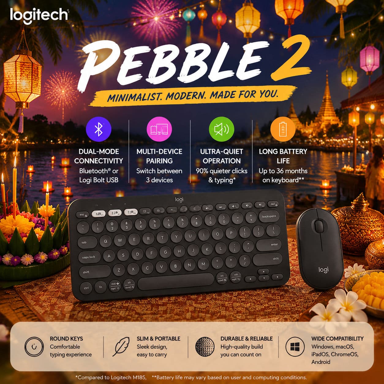 Conjunto Combo Logitech Pebble 2 Mouse e Teclado Bluetooth Sem Fio Teclado Fino Silencioso Portátil para Laptop PC